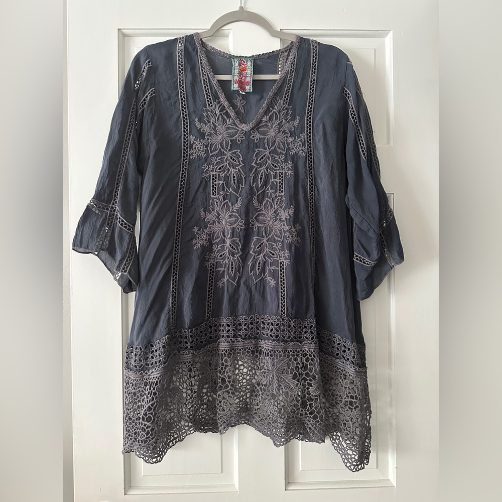 Johnny Was Embroidered with Lace Tunic Shirt Top